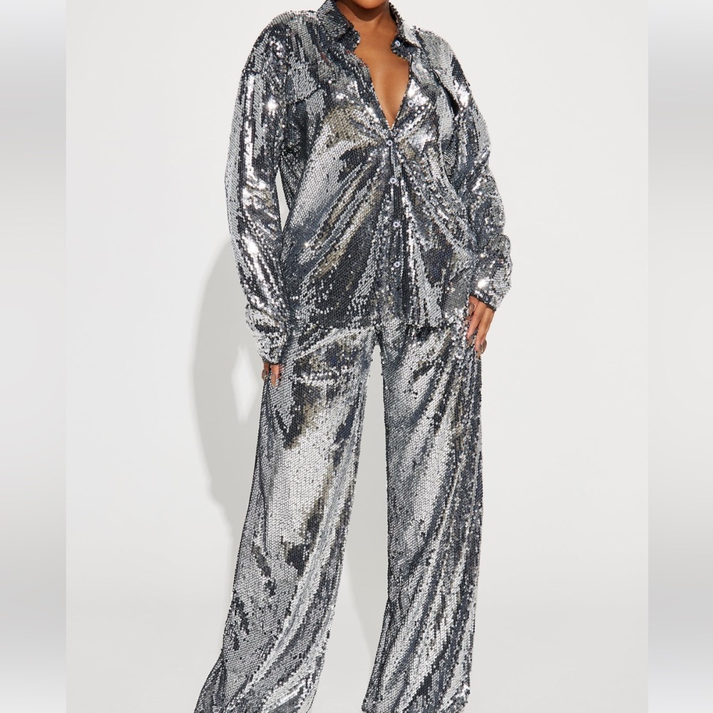 Silver Sequin Pant Set